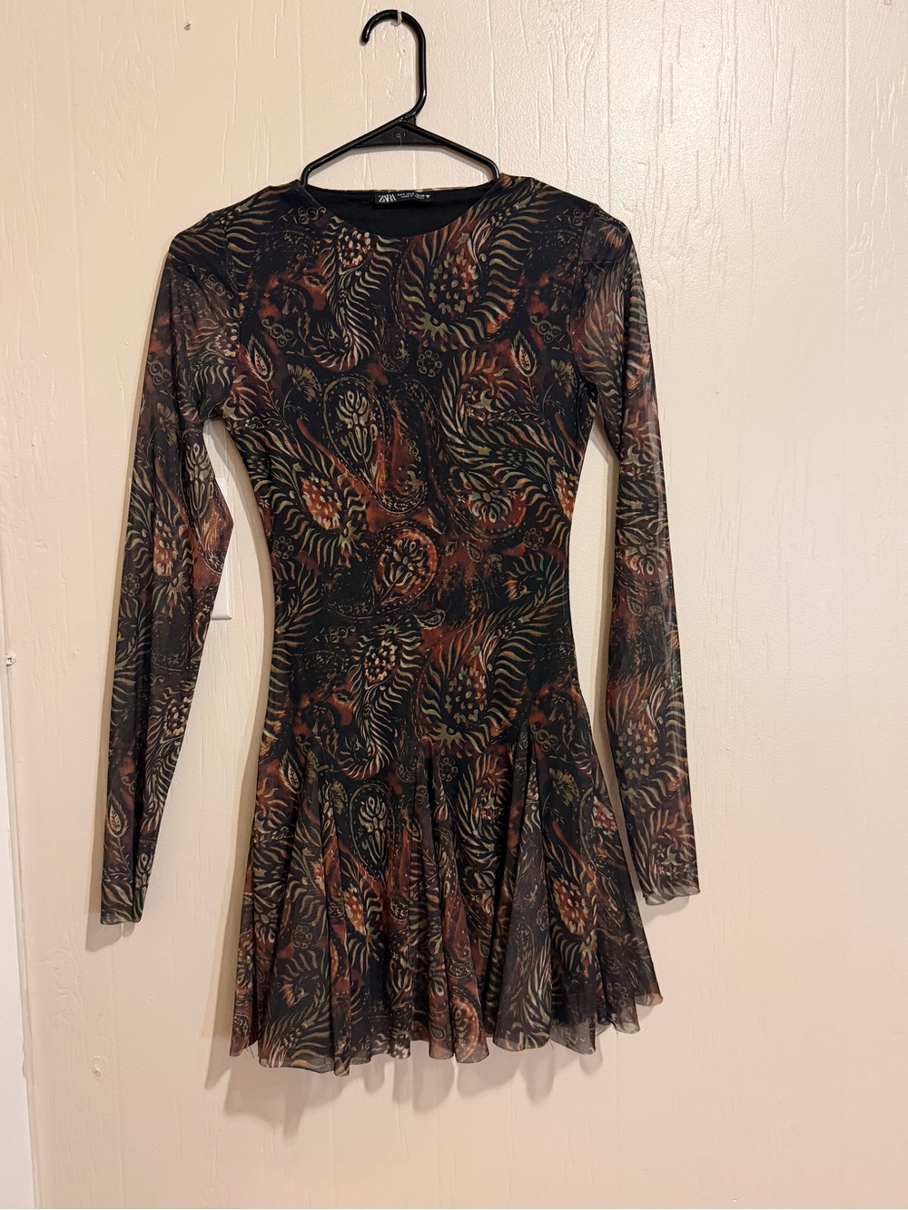 Zara Long Sleeve Black & Brown Printed Skater Dress